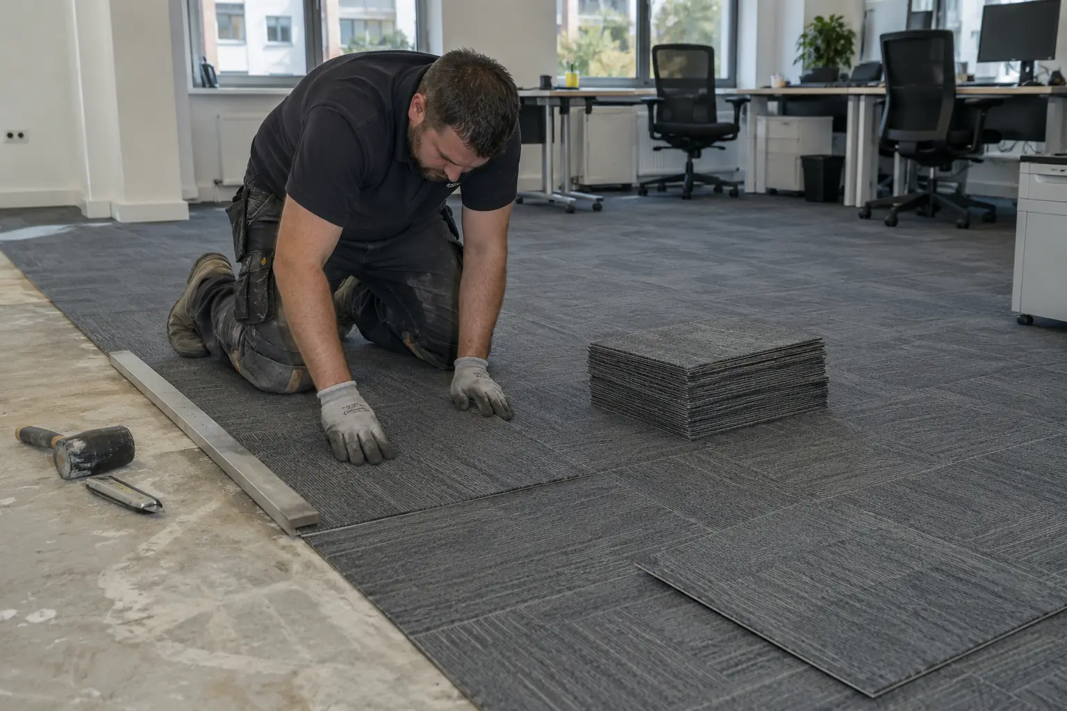 Commercial carpet fitting — Flooring professional fitting square modular carpet tiles in a modern commercial office, visible regular tile grid with unfinished row and stack of spare square tiles, gloved hands align one tile beside straight edge, desks moved aside.